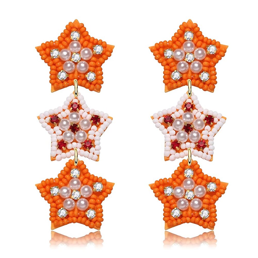 Tennessee Vols Team Colors Football Fan Triple Star Seed Beaded Earrings - Picture 2 of 2